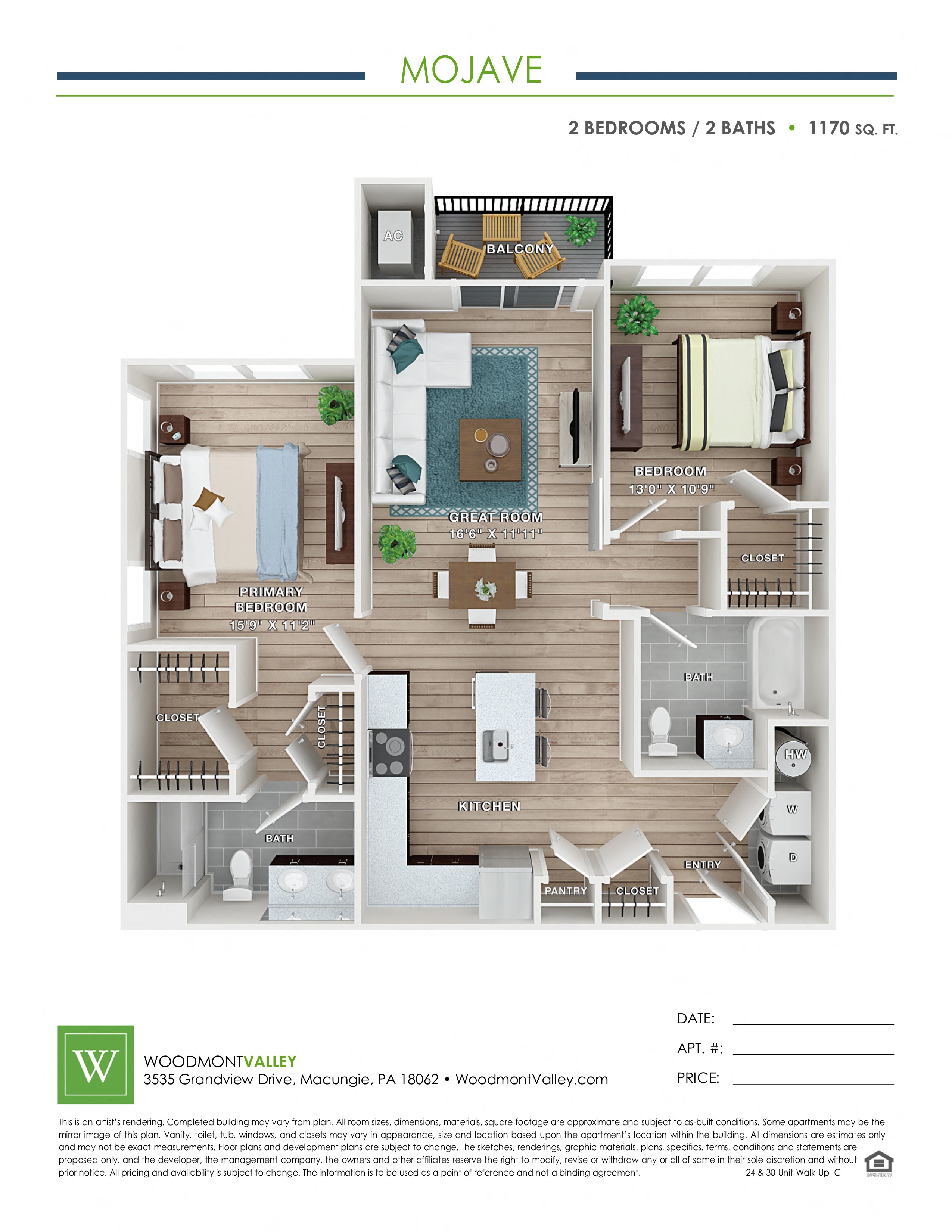 Floor plan for 2 beds, 2 baths, 1170 sqft